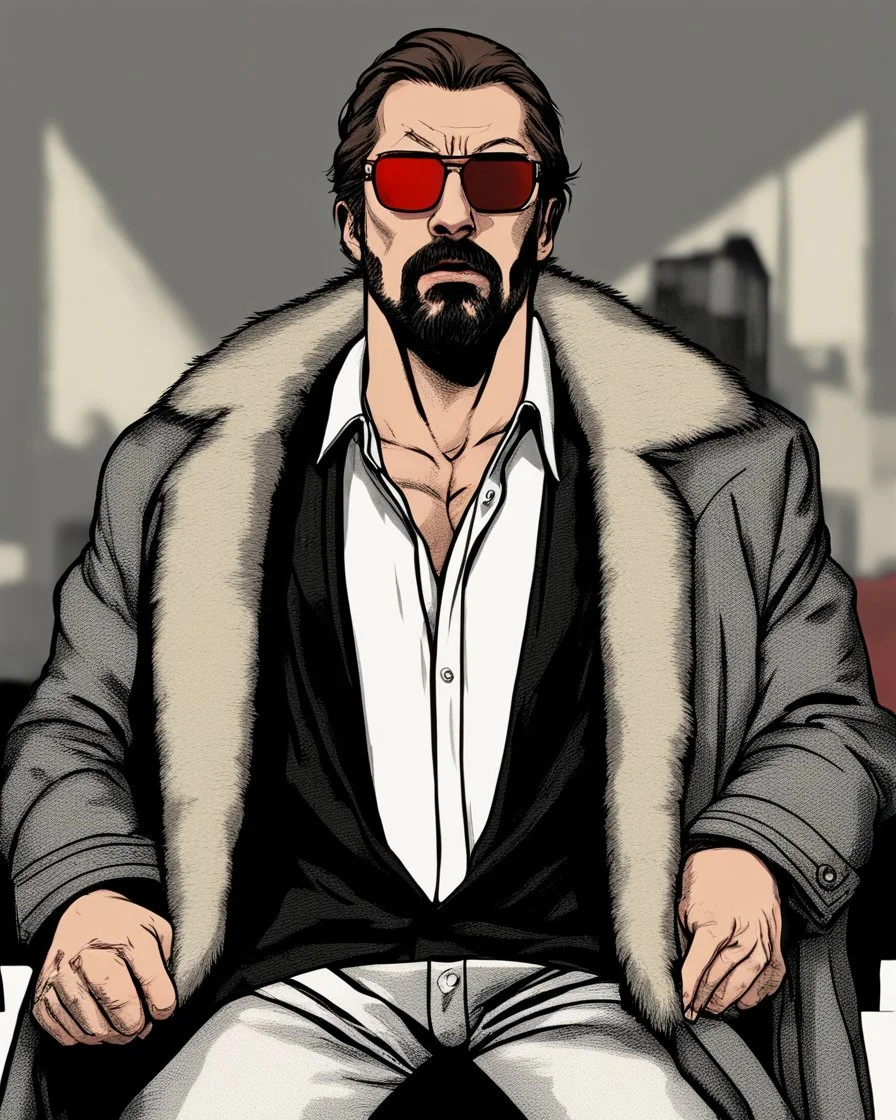 a young man with big muscles who looks like hans gruber wearing a heavy coat and red sunglasses staring with an irritated look on his face