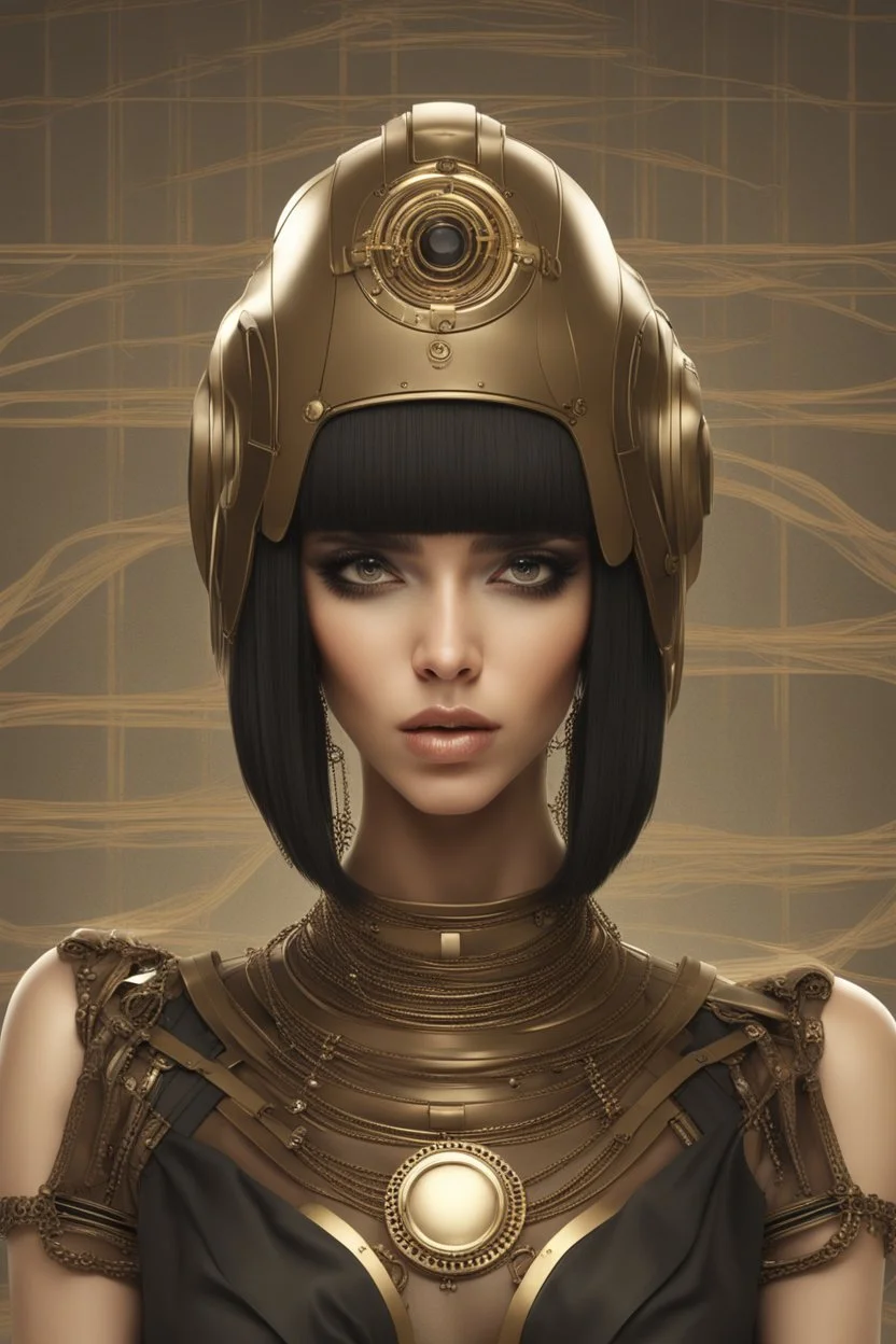 full body picture of a woman with a bob, a fringe hairstyle, Cleopatra clothing futuristic steampunk