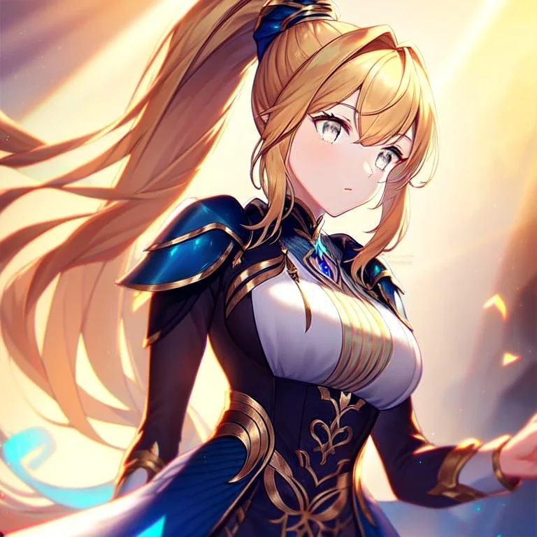 girl, masterpiece, best quality, volumetric lighting, detailed outfit, perfect eyes, golden hair, ponytail, long hair, white eyes, beautiful lighting, vibrant colors, valkyrie