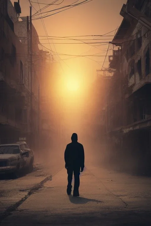 lone man walking down an abandoned city street, sunset, dystopian, post-apocalyptic, comic style