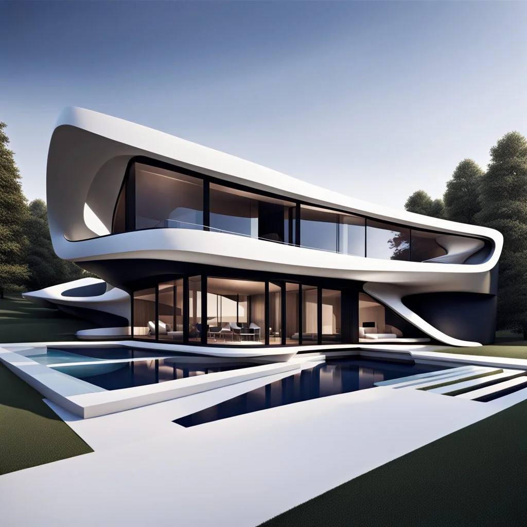 Arte lineal de una casa campestre moderna, estilo Zaha Hadid, minimalista