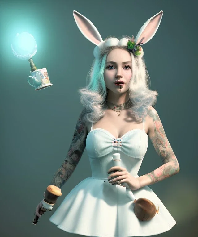 Ultra realistic portrait, wonderland, happy blonde Alice smoking a pipe, blue dress. elegant anthropomorphic white rabbit, circus dress style, old school tattoo, laughter, smoke, marijuana garden, mushroom lamps, glow eyes, perfect iris, soft color, highly detailed, unreal engine 5, ray tracing, RTX, lumen lighting, ultra detail, volumetric lighting, high definition.