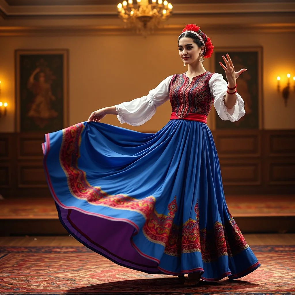 A graceful Azerbaijani traditional dance performance. A female dancer wearing a colorful Azerbaijani national costume with a long flowing skirt, embroidered vest, and traditional headpiece. She performs elegant Caucasian dance movements with delicate hand gestures and smooth spinning steps. The scene is on a traditional stage with warm lighting, Persian carpet patterns, and subtle Azerbaijani cultural decorations. The music atmosphere feels lively and folkloric. Cinematic lighting, high detail,
