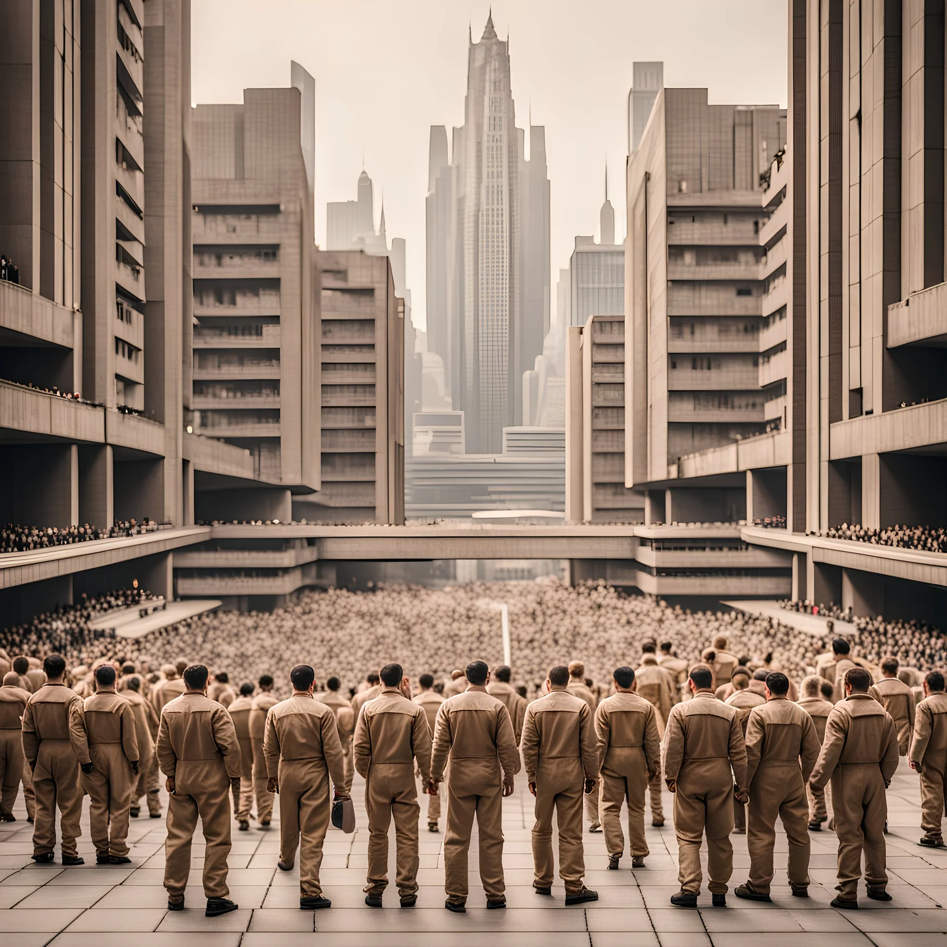 Brutalist totalitarian city with many citizens in beige coveralls uniform