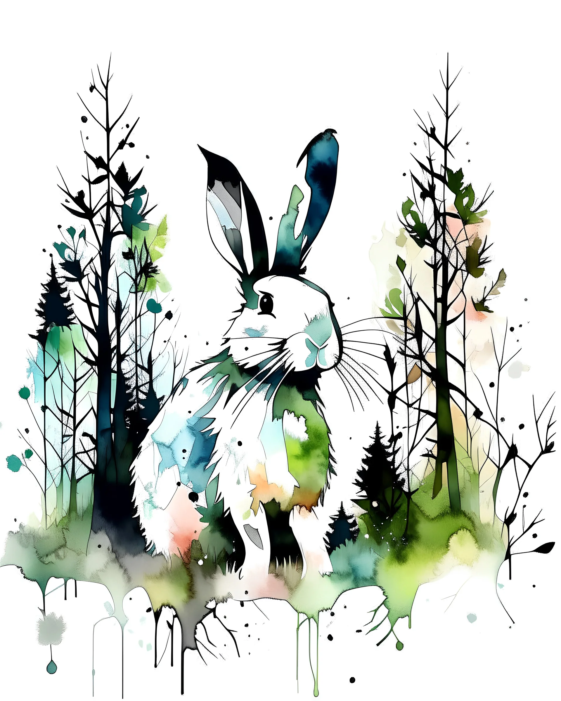 Watercolour effect, rabbit, forest abstract,roschCh ink blot test, white background, muted colour's.no black outline, no black colour only white more watercolour blobs, no black outline, other colours