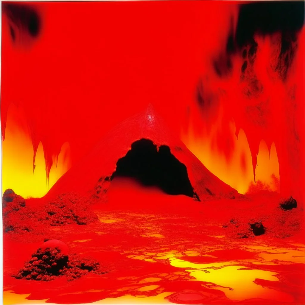 A red volcanic underground with fire painted by Andy Warhol