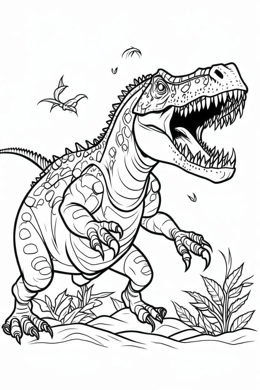 create a coloring page: Show a T-Rex aggressively defending its territory against intruders, using its teeth and claws to fend off attackers. . ink drawing clipart, simple line illustrations, colored