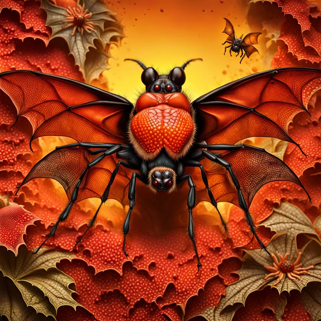 A national geographic award skin color patterned like a poisinous incect or reptile, horrorcore, science gone crazy, winning photograph of of a bat spider housefly hybrid in nature and on the hunt, 64k, reds, oranges, and yellows anatomically correct, 3d, organic surrealism, dystopian, photorealisitc, realtime, symmetrical, clean, 4 small compound eyes around two larger compound eyes, surrealism telephoto dynamic lighting 64 megapixels Unreal Engine volumetric lighting VRay