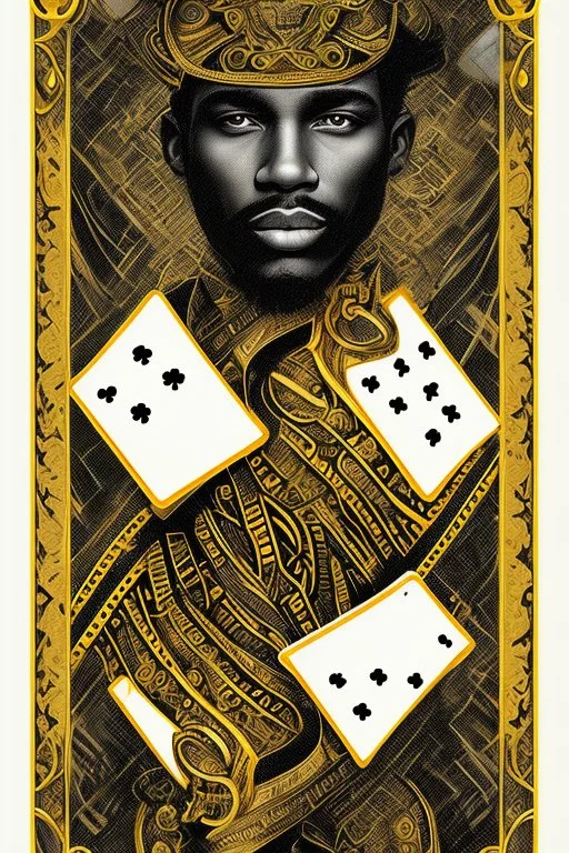 Dashing black man in a suit with gold trimmings. He's holding a deck of cards.