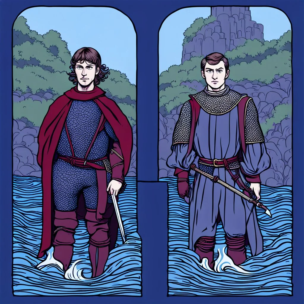 The prince of the high tide and the prince of the low tide in the river wearing medieval battle clothes, the image is divided into half a river at high tide and half a river at low tide