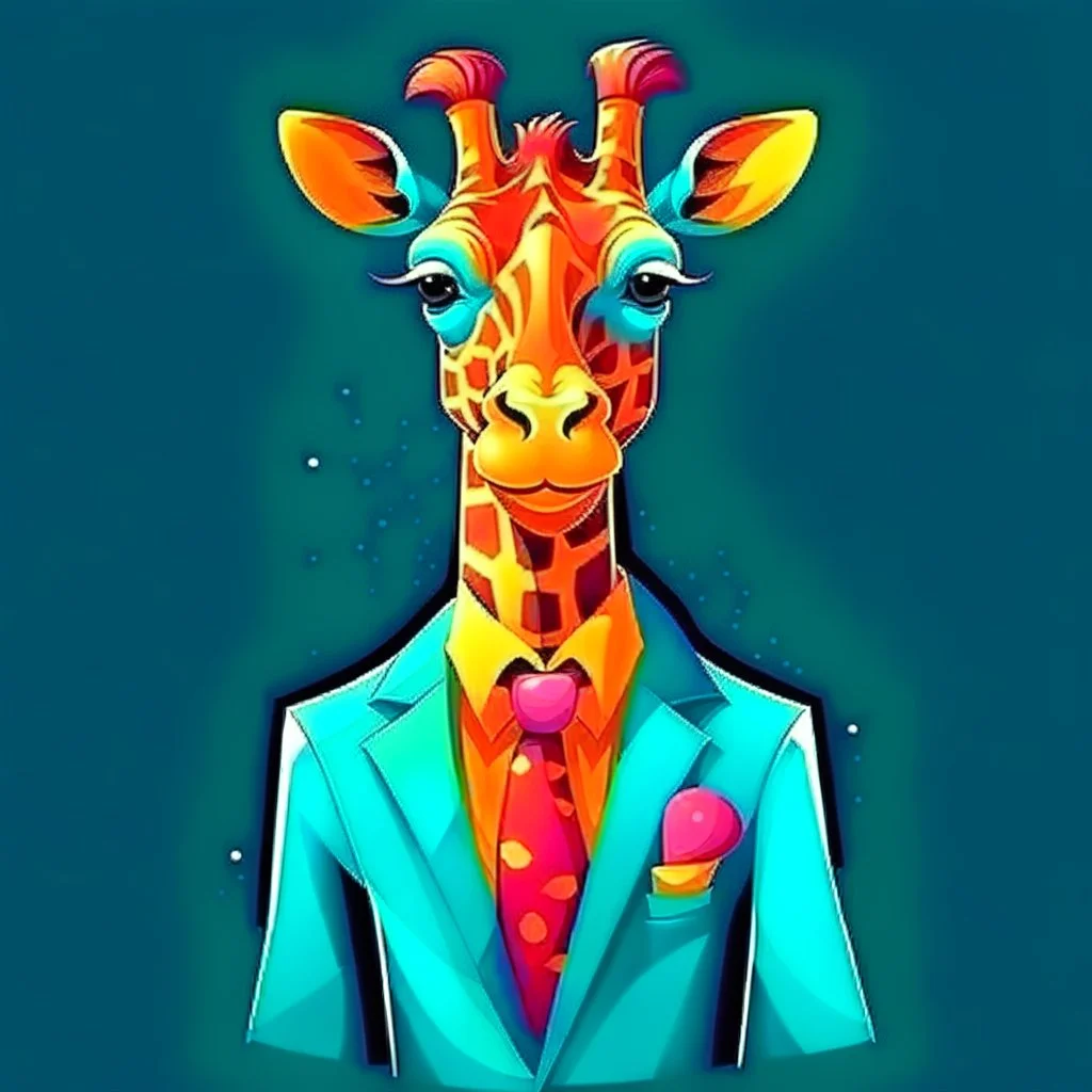 Cute smiling giraffe. Bright, colors. She wears a suit