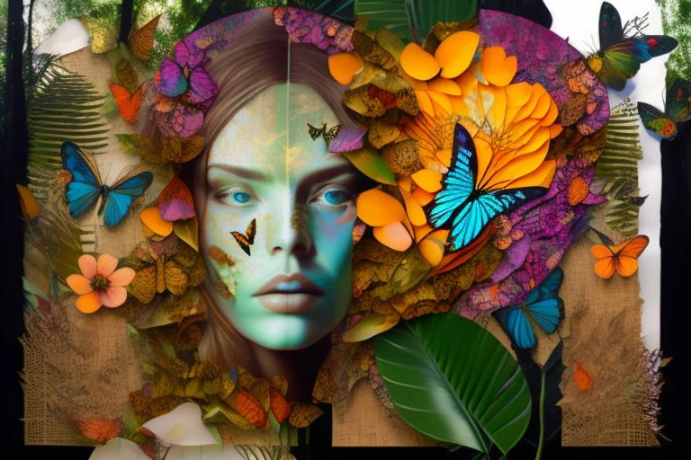 double exposure, Rainforest, flowers, birds, sleeping goddess merged layers, waterfall and butterflies Patchwork and painting by Meghan Duncanson and Jennifer Lommers and Didier Lourenço in sunshine plastic 3D effect ochre, burlap, mirror foil