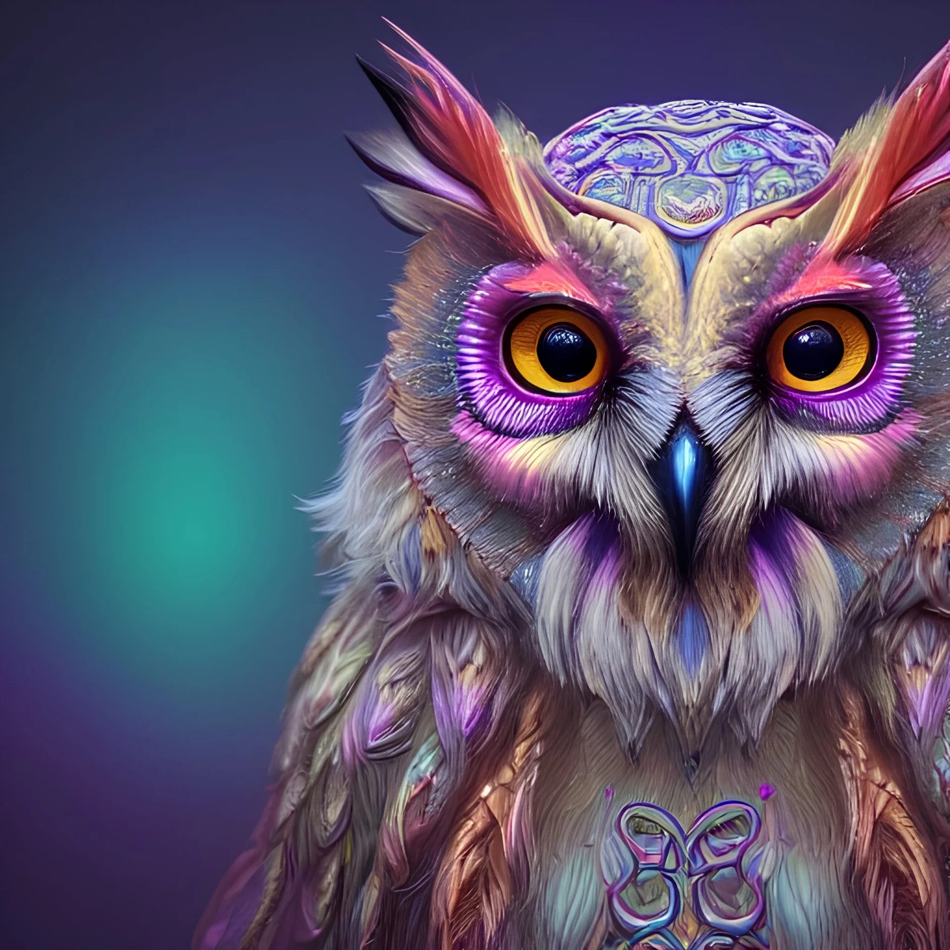 A portrait of a magical creature, mythical, fantasy , magnificent, majestic, highly intricate, Realistic photography, incredibly detailed, ultra high resolution, 8k, complex 3d render, cinema 4d, owl/fox, creature hybrid, high resolution photo, trending on artstation, psychedelic, blacklight colors, mandala