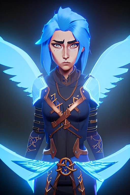 a person in runic armor with blue wings, blue short hair, runic tattoo and spell book