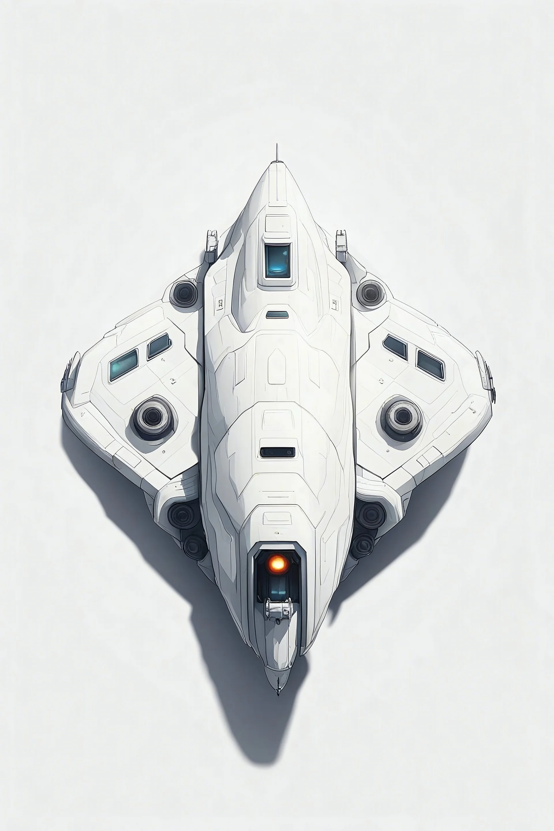 a minimalist white spaceship for a top-down view, 2D, video game, white background