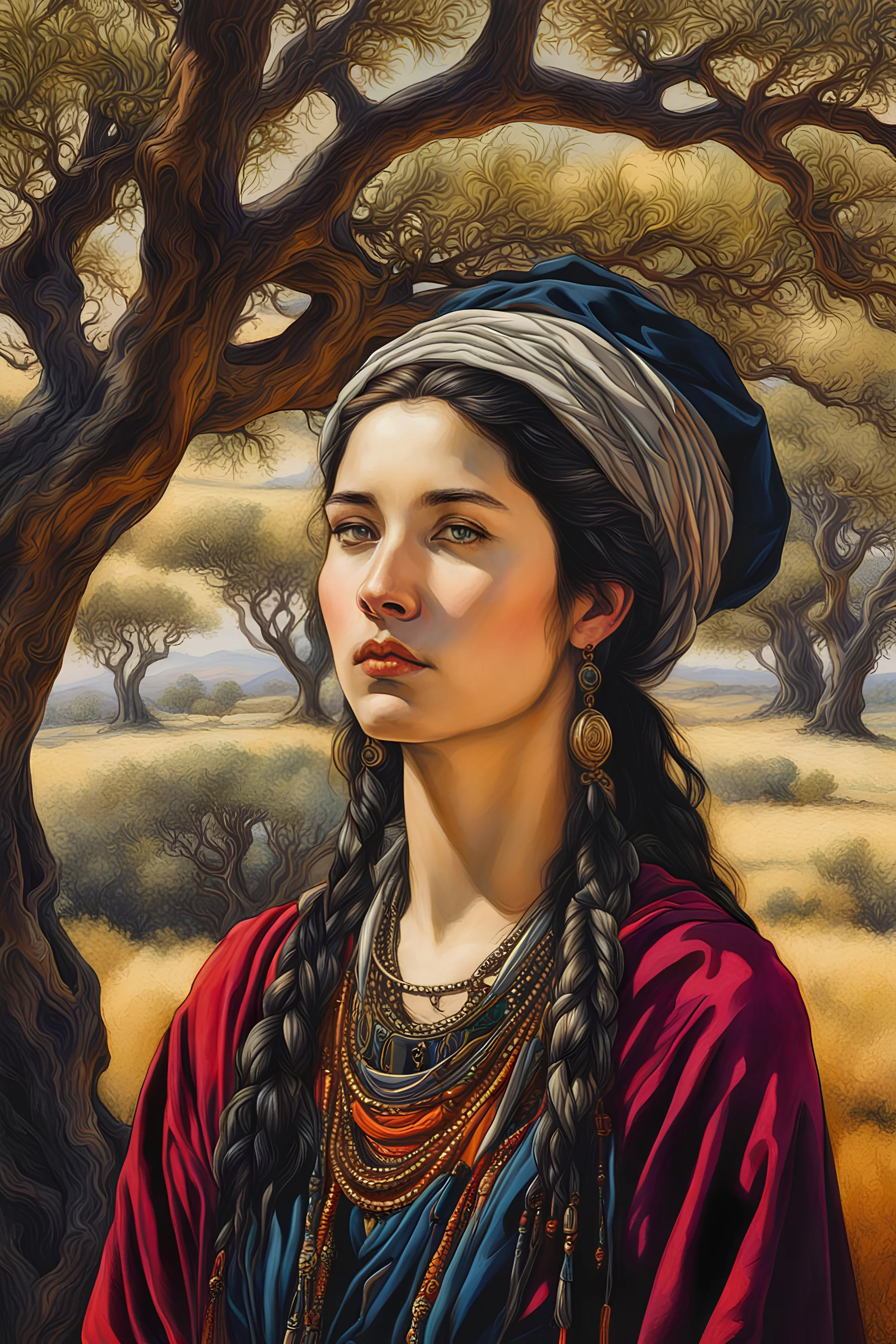 create a classical-abstract-realist fantasy portrait aquatint of a young nomadic tribal shepherdess with highly defined facial features, amidst ancient Andalusian olive trees, in the style of Donato Giancola, Hans Memling, Titian, and Caravaggio, 8k, highly detailed, otherworldly , fantastic, vibrant colors