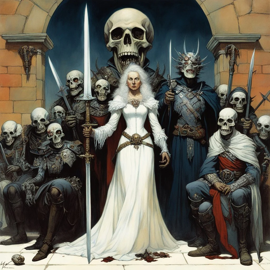 [art by Norman Rockwell] Brain, zombie, skull and the likes... Land trembles as the Necromancer Queen emerges, her twin swords gleaming with dark power. Undead minions heed her command, twisted by her malevolent magic into grotesque servitude. Flanked by monstrous warriors, one decay-shrouded and the other a formidable mass of muscle, she nears the heart of the battlefield as a storm of dread brews above, echoing nature's fear.