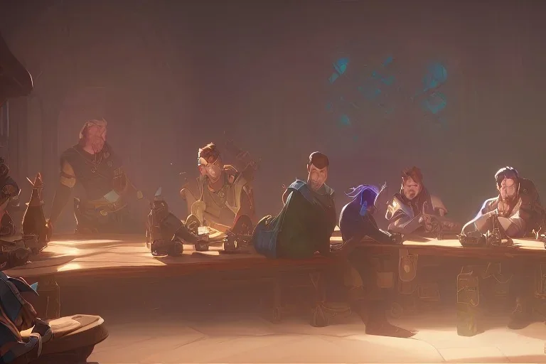 4 Adventurers Resting in tavern beds, fantasy, high detail, light rays