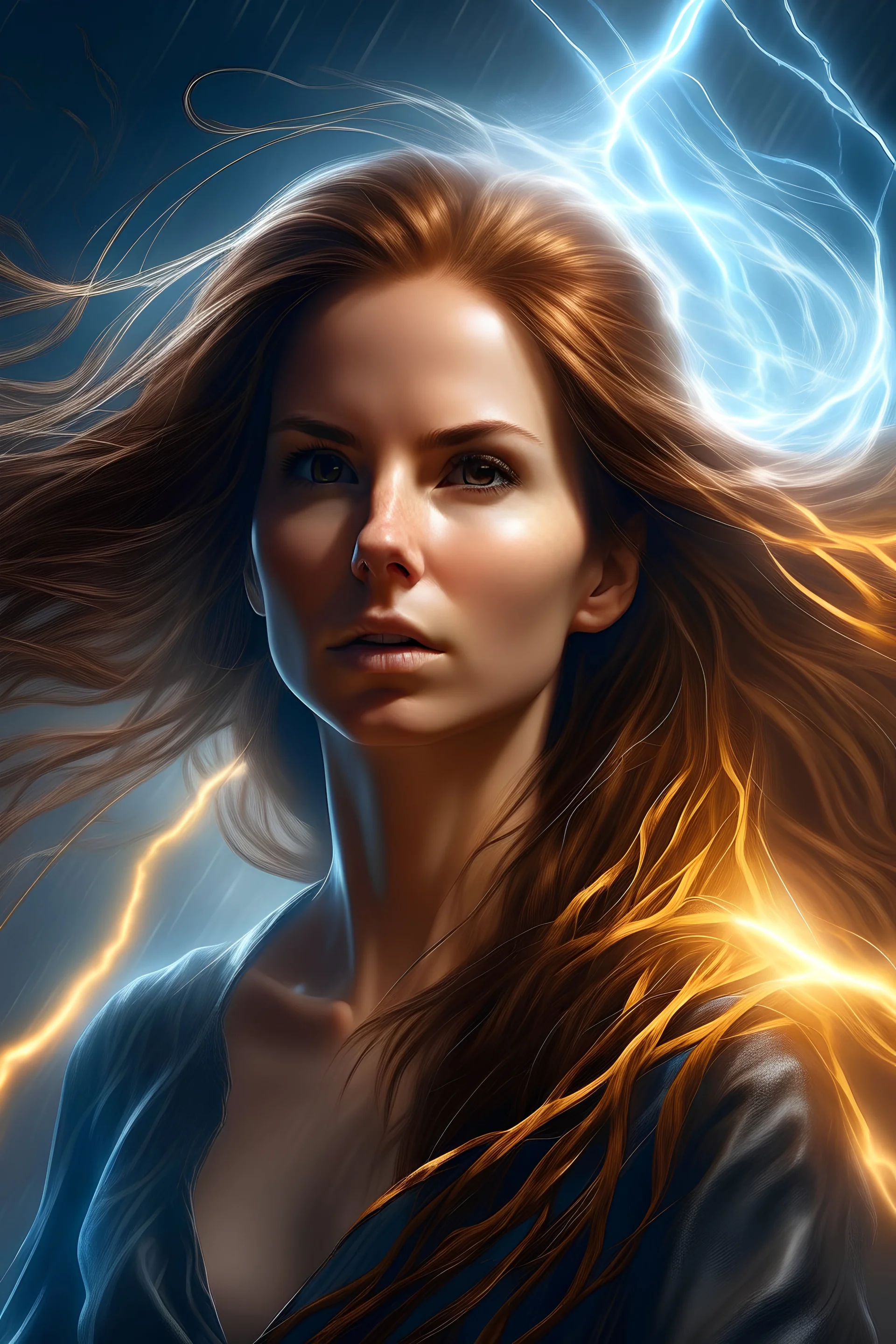 woman with her hair blowing in the wind, lightning mage spell icon, highly detailed vfx portrait of, electric wallpaper, graphic novel cover art, realistic face and body hybrid, ethereal beams, with lightning, priestess, ad image.