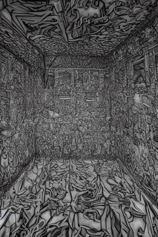 Wednesday Adams in 3d scary dark room Escher style