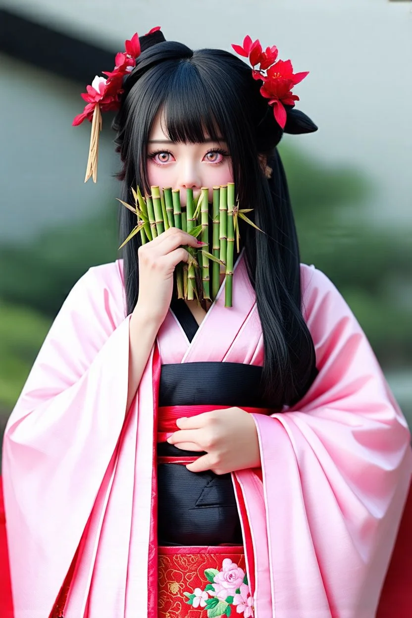 Cute Japanese girl, with pink eyes, dressed in her pink kimono and a black haori, black hair with reddish tips, a piece of bamboo covering her mouth