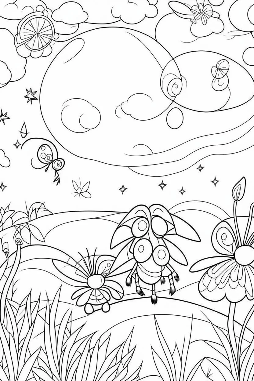 HAPPY NEW YEAR coloring page for kids, Firefly lights up night sky , thick outline, low details, no shading, no color