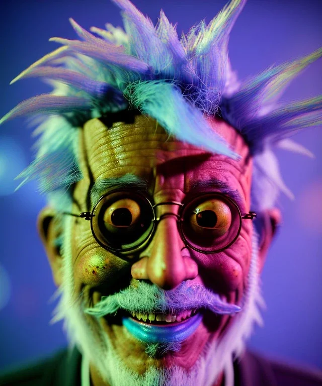 Ultra Realistic photo, medium shot view, drunken sweet happy old man, carnival scene, monster hair, steampunk style. Blue hair, confeti, smile, happy, festival, ovnis, gradient color fog. highly detailed, concept art, unreal engine 5, ray tracing, RTX, lumen lighting, ultra detail, volumetric lighting, 3d, finely drawn, high definition, high resolution.