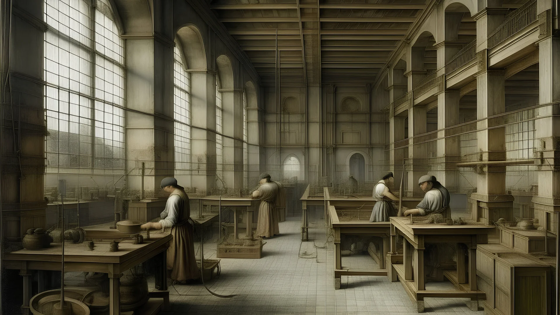 A gray factory with magnet machines painted by Leonardo da Vinci