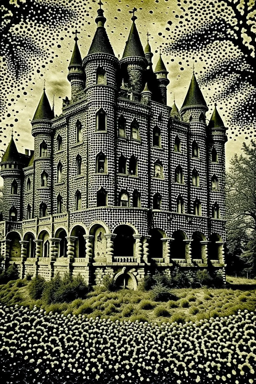 Detailed Ilford photograph of creepy castle, naïve, strong texture, extreme detail, Max Ernst, decal, rich colors, sparkles, Harry Potter style