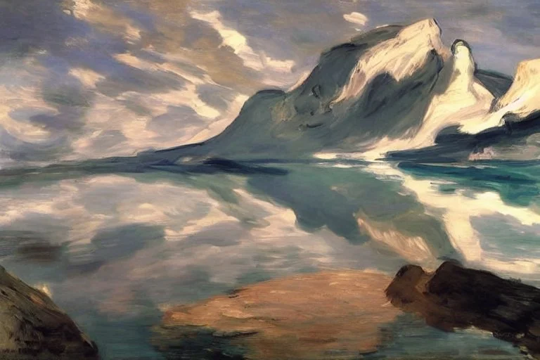 clouds, mountains, lake, lake reflections, rocks, edouard manet and lesser ury painting