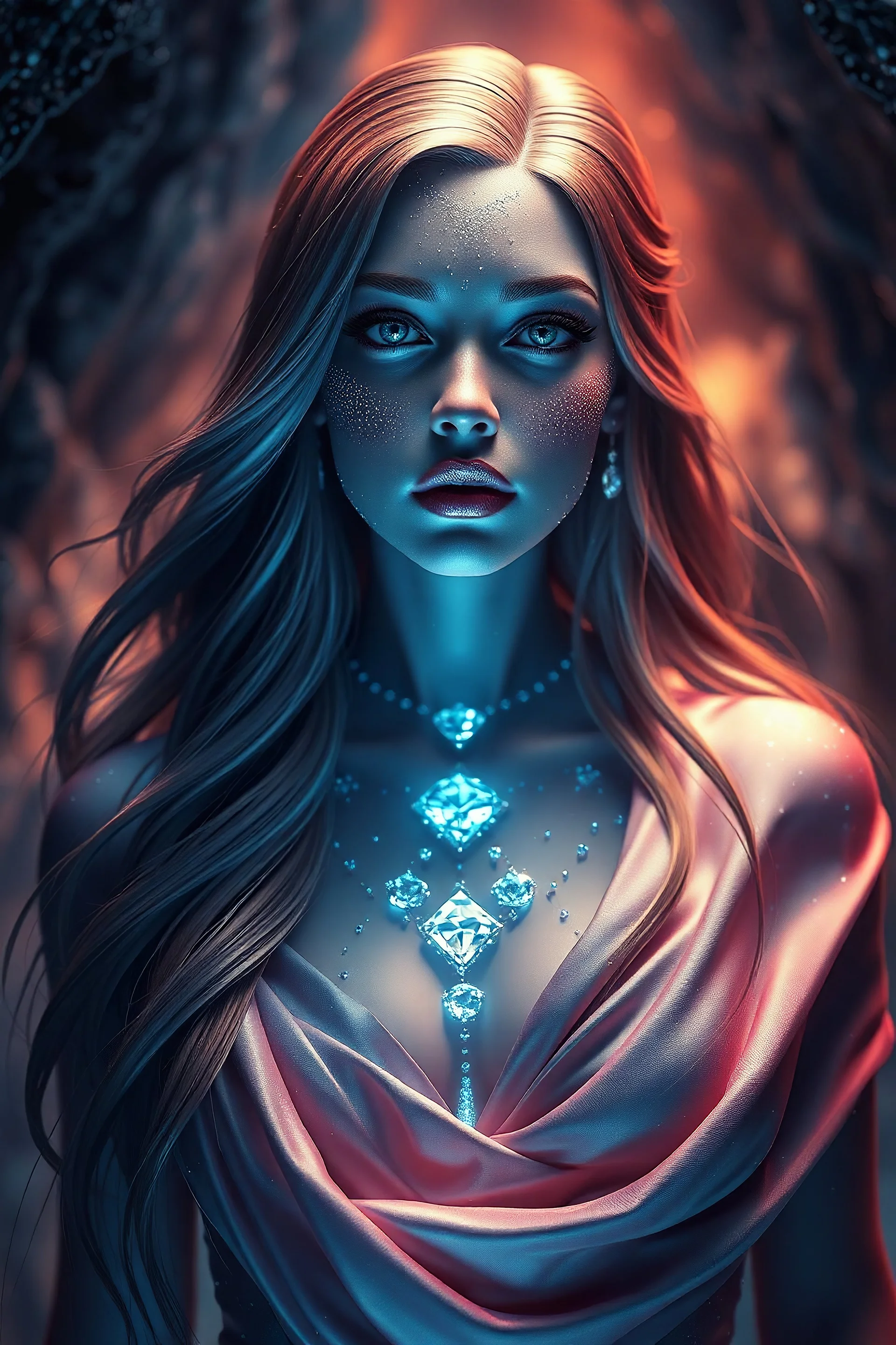 Gorgeous woman created from diamond, fair skin, long flowing hair, facing front, silk, diamonds, gems, sparkling dots, in crystal cave background, style Darek Zabrocki, magic realism, gradient colors, cinematic lighting, bokeh, Ultra-detailed Quality 3D, 3d render octane, Unreal engine 5 effects, VFX, Isometric, Made in blender, 8k sharp focus, cinematic, ultrahd, highly detailed, ultra photorealism fantasy