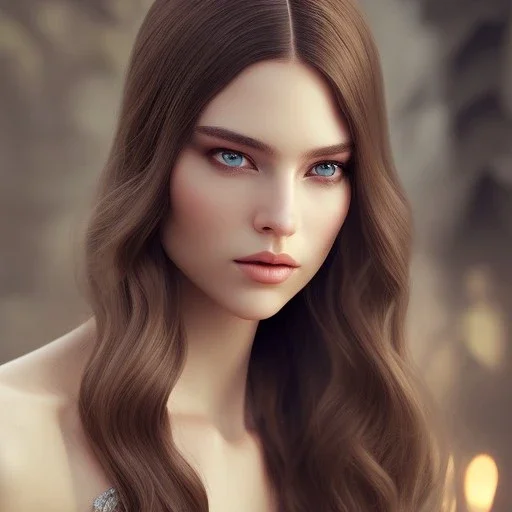 woman with Light-brown long hair, dark fantasy setting, ethereal, soft lighting, soft green-brown eyes, soft facial features