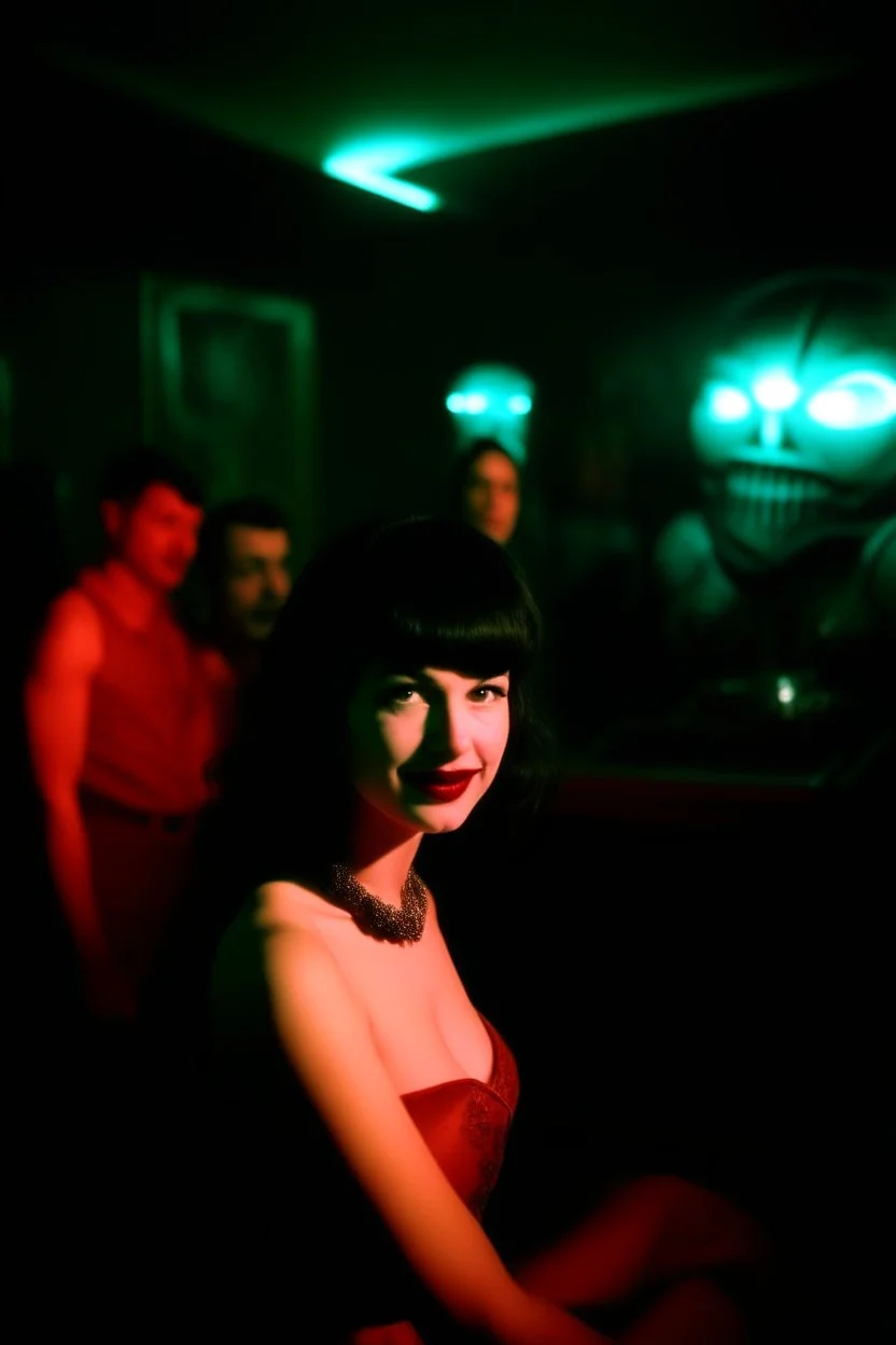 Betty Page and demonds, art from soviet style 1920 movie. Heavy metal arcade. perfect lighting, leica summicron 35mm f2.0, kodak portra 400, film grain. hangover post party, wasted, closeup. fog. mist.