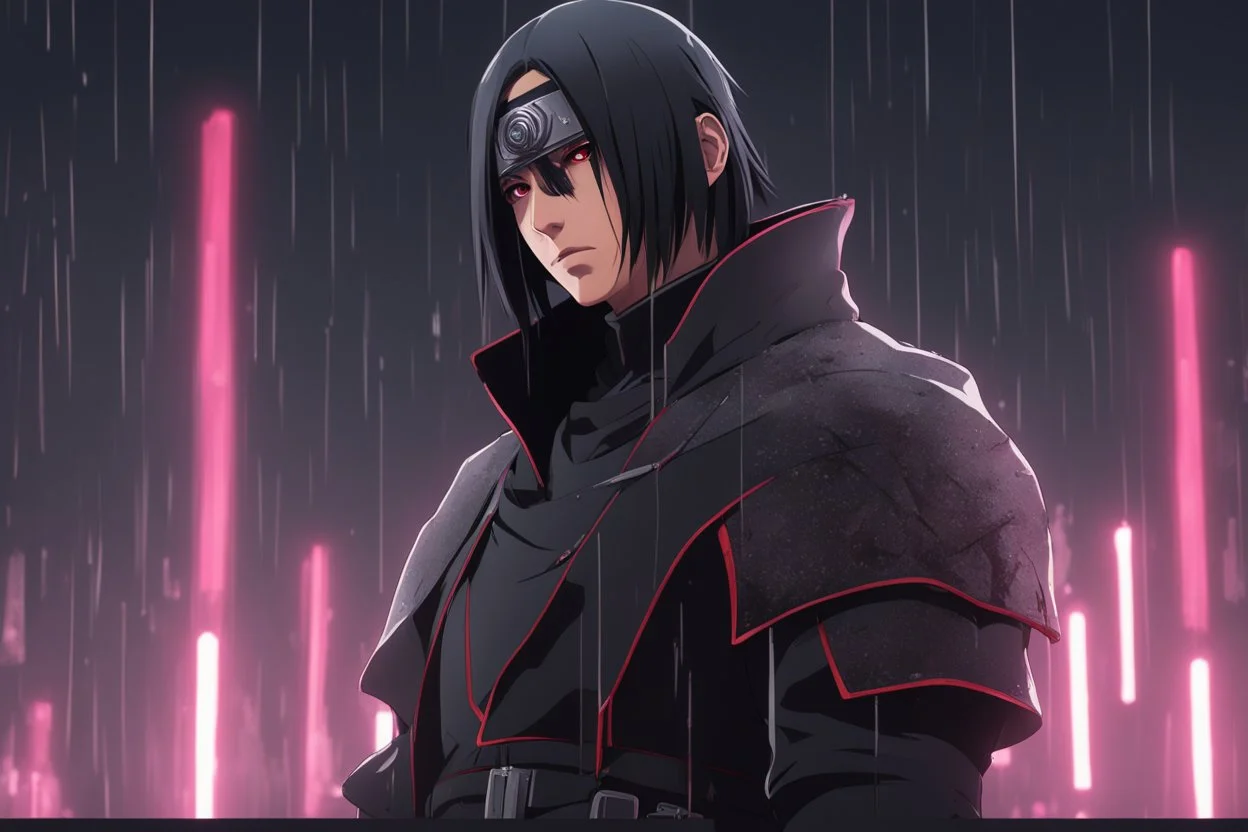 Itachi Uchiha in 8k nier automata artstyle, 2D them, Uchiha Custom, neon effect, close picture, rain, fantasy world, intricate details, highly detailed, high details, detailed portrait, masterpiece,ultra detailed, ultra quality