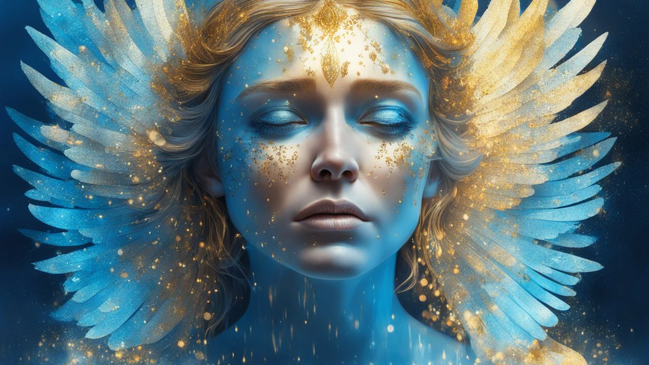 beautiful crying woman angel, double exposure in fantasy style, blue, gold, sparkles, fine rendering, bright colors, photorealism, 3D, with acrylic elements