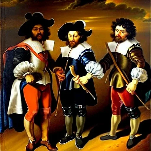 retrato cuerpo entero al oleo en canvas de tres gatos vestido como los tres mosqueteros con estilo de Rubens y Diego Velázquez y Rembrandt