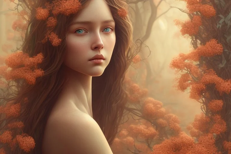 "Young woman covered in tiny copper flowers emerging from a tree, detailed matte painting, deep colour, fantastical, intricate detail