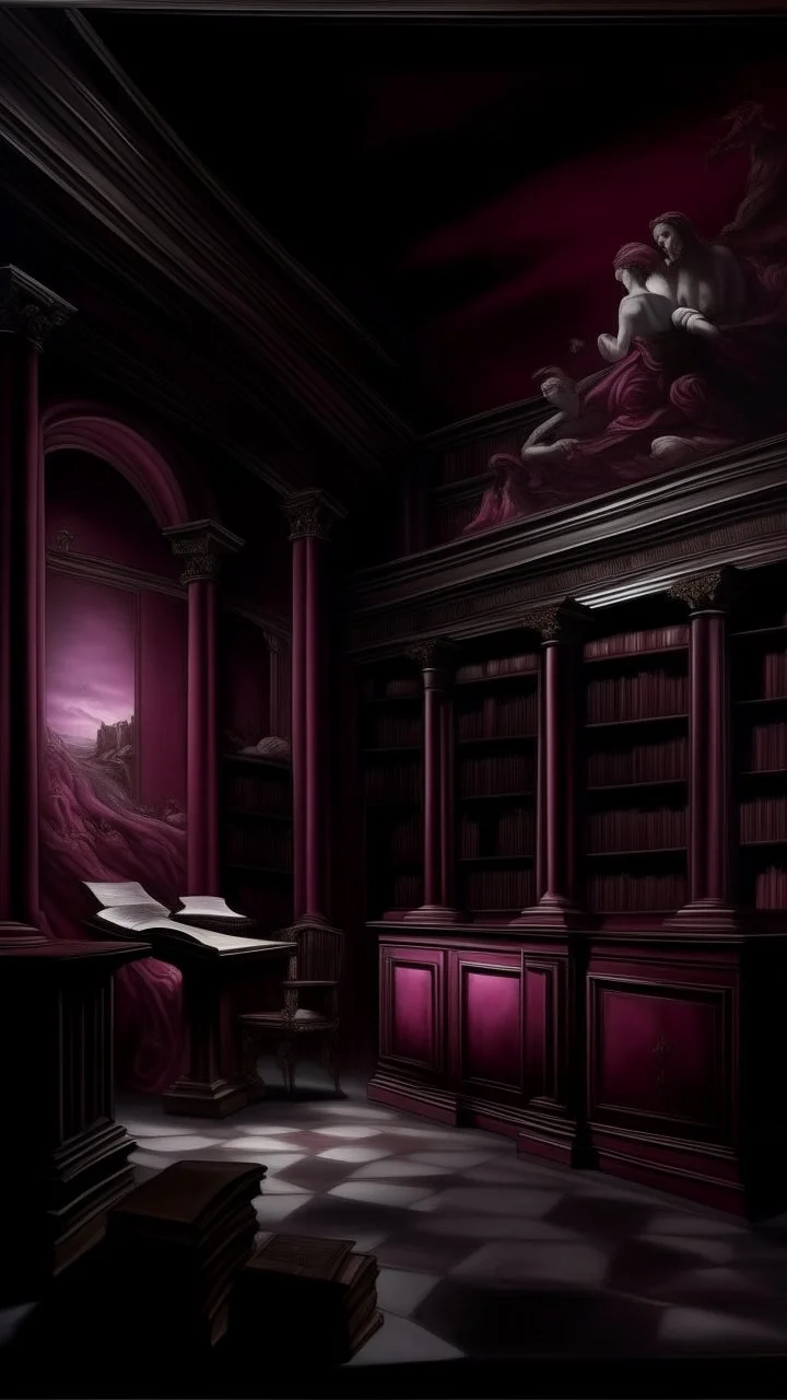 A dark magenta haunted library painted by Michelangelo di Lodovico Buonarroti Simoni