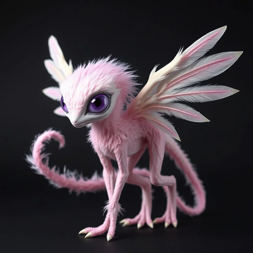 extraterrestrial being, female, bipedal, pastel pink feathery fur covered body, large lavender eyes, long feathery tail, alien, intricately designed, highly detailed