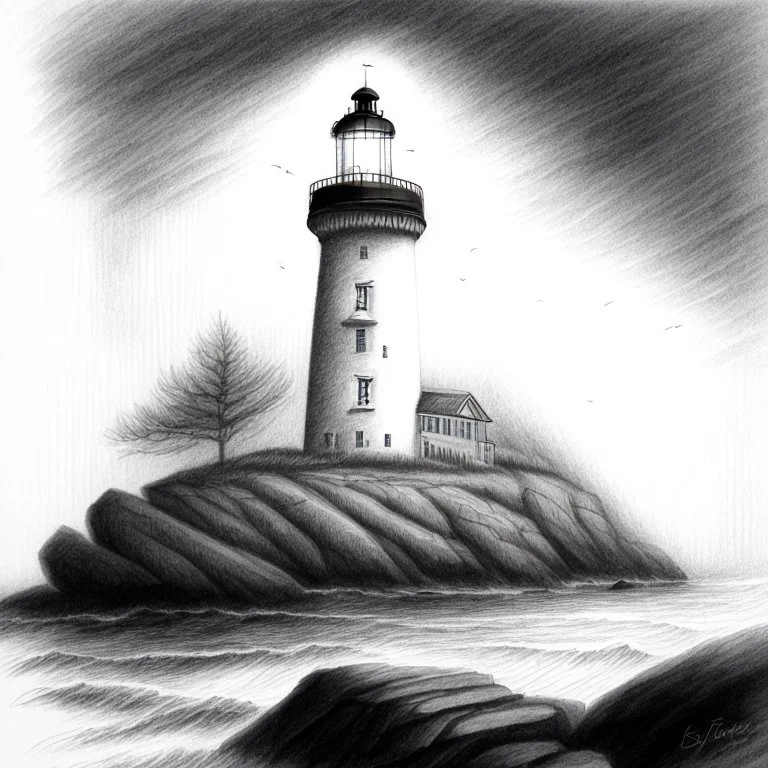 A graphite pencil drawing of the first light house of Norway, Lindesnes Lighthouse