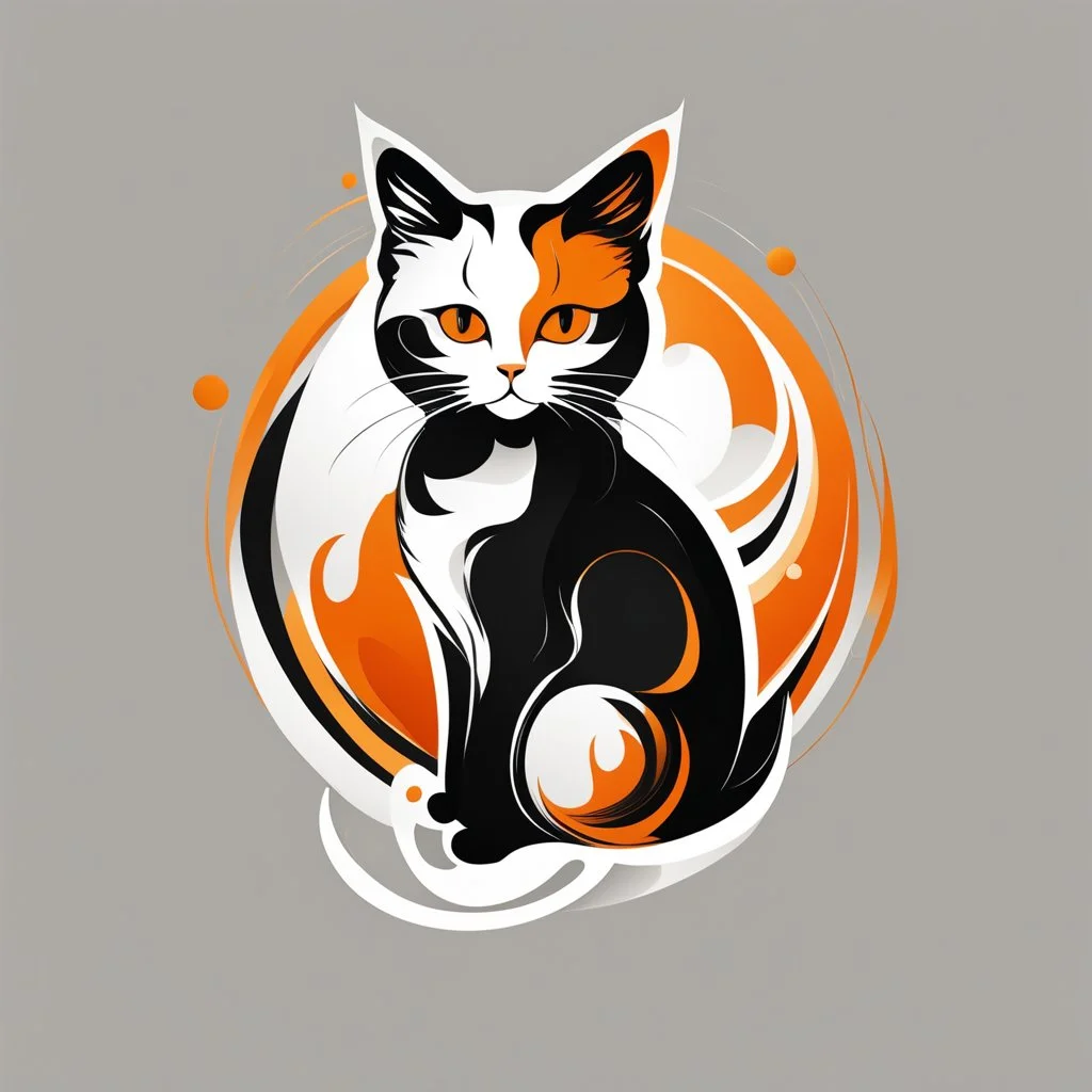 Logo. Orange, black and white palette cat in artistic style full body