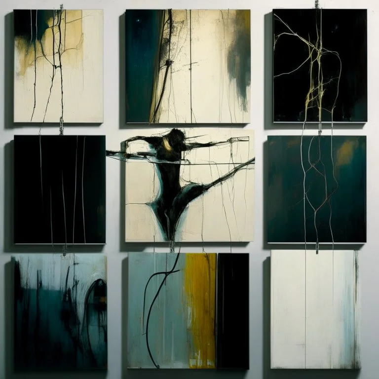 Minimal abstract oil painting of a body limbs sinew.hanging wires. illuminated at night. In the style of Justin Mortimer and Phil Hale and Ashley Wood