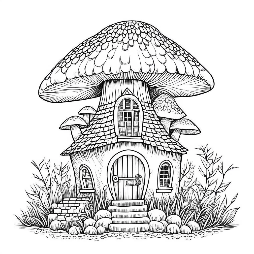 A fairy house Cosmic Aurora Bungalow, coloring page, exact shape, real image, minimal lines, white back ground color, real style, realistic, minimalistic, minimal black line art, line art, crisp line art, unique coloring sheet, outlined, outline, crisp, crisp line edges, illustration, thin lines, crisp clear lines, line art, clean line art, unique, 8k, no colors, no dark color, no black color, avoid thick black, minimalistic line edges, white back ground,