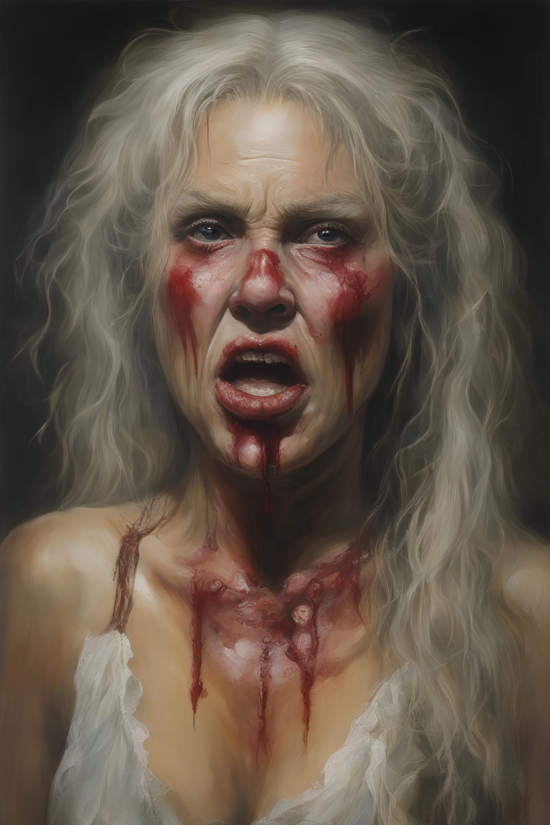 a portrait of an extremely ugly backwoods, inbred, female, hillbilly cannibal prostitute named Milee Cyris with a black eye and a fat lip and blood dripping from her mouth, oil painting by Boris Vallejo