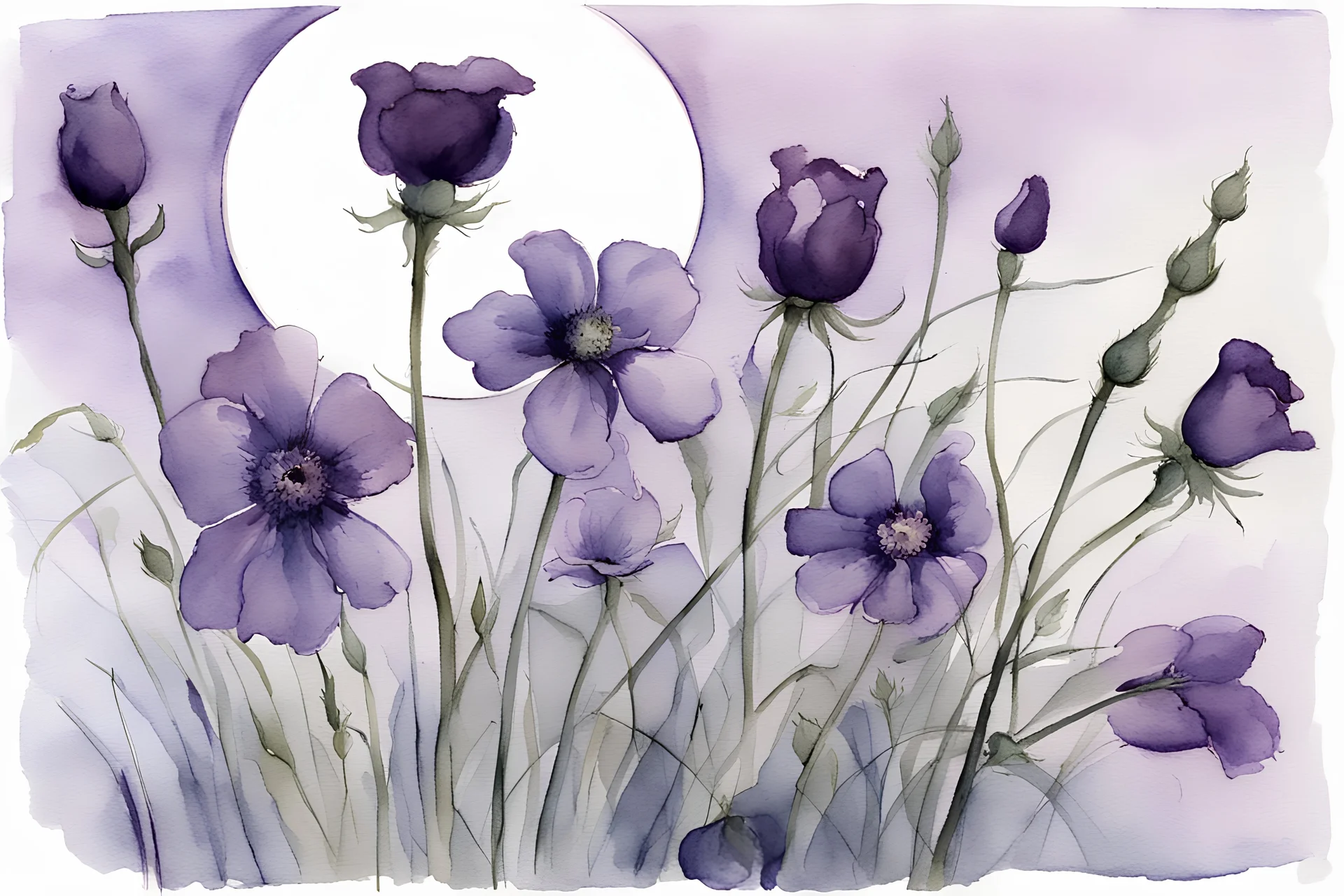 Night, purple flowers, moon, gothic horror films influence, thomas girtin watercolor paintings