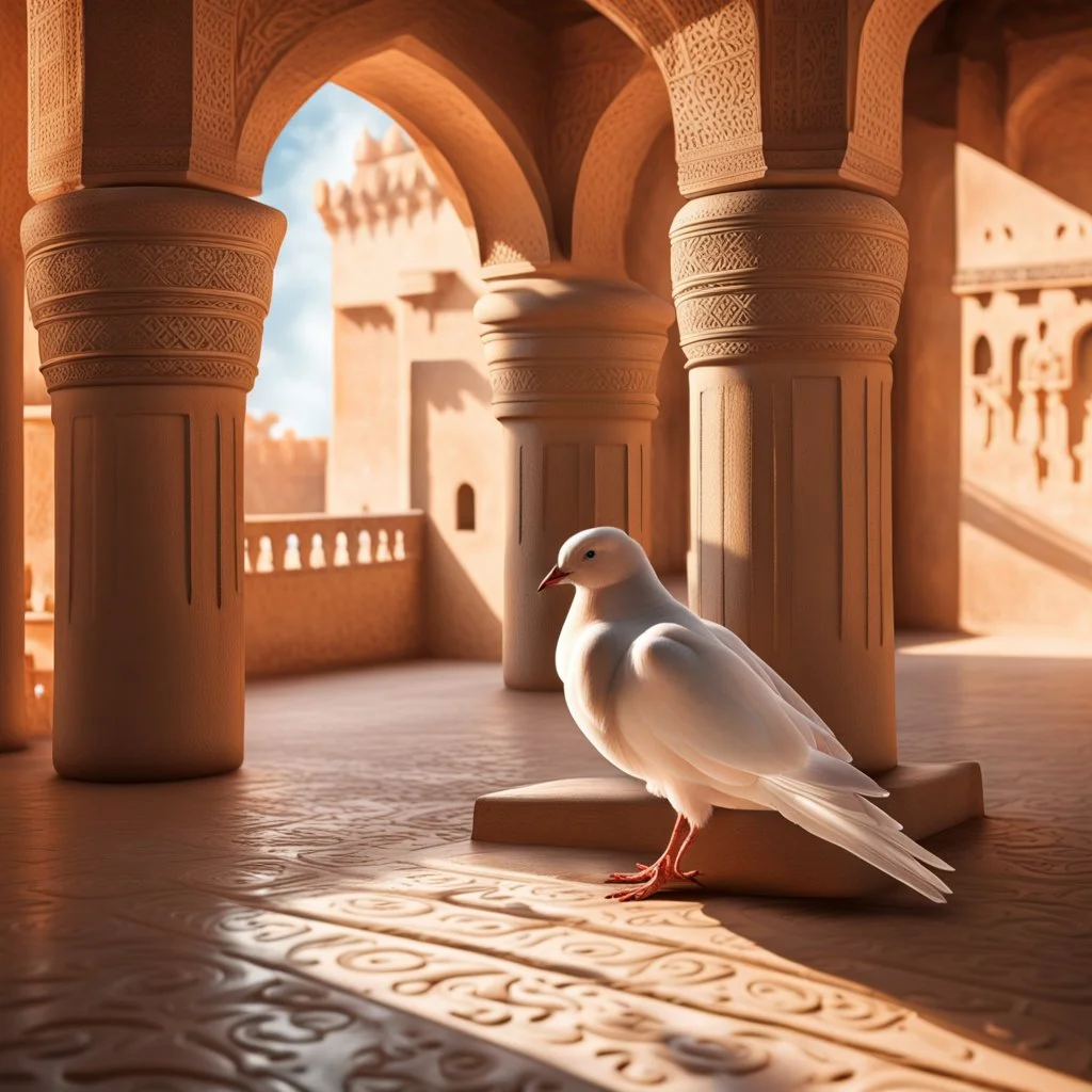 Hyper Realistic Photographic-Zoomed-View Of White-Dove Sitting On The Traditionally-Crafted-Surface-of-the-Balcony inside Traditional Rajasthani Fort With with sunrays casting Dove's Shadow showing dramatic & cinematic ambiance.