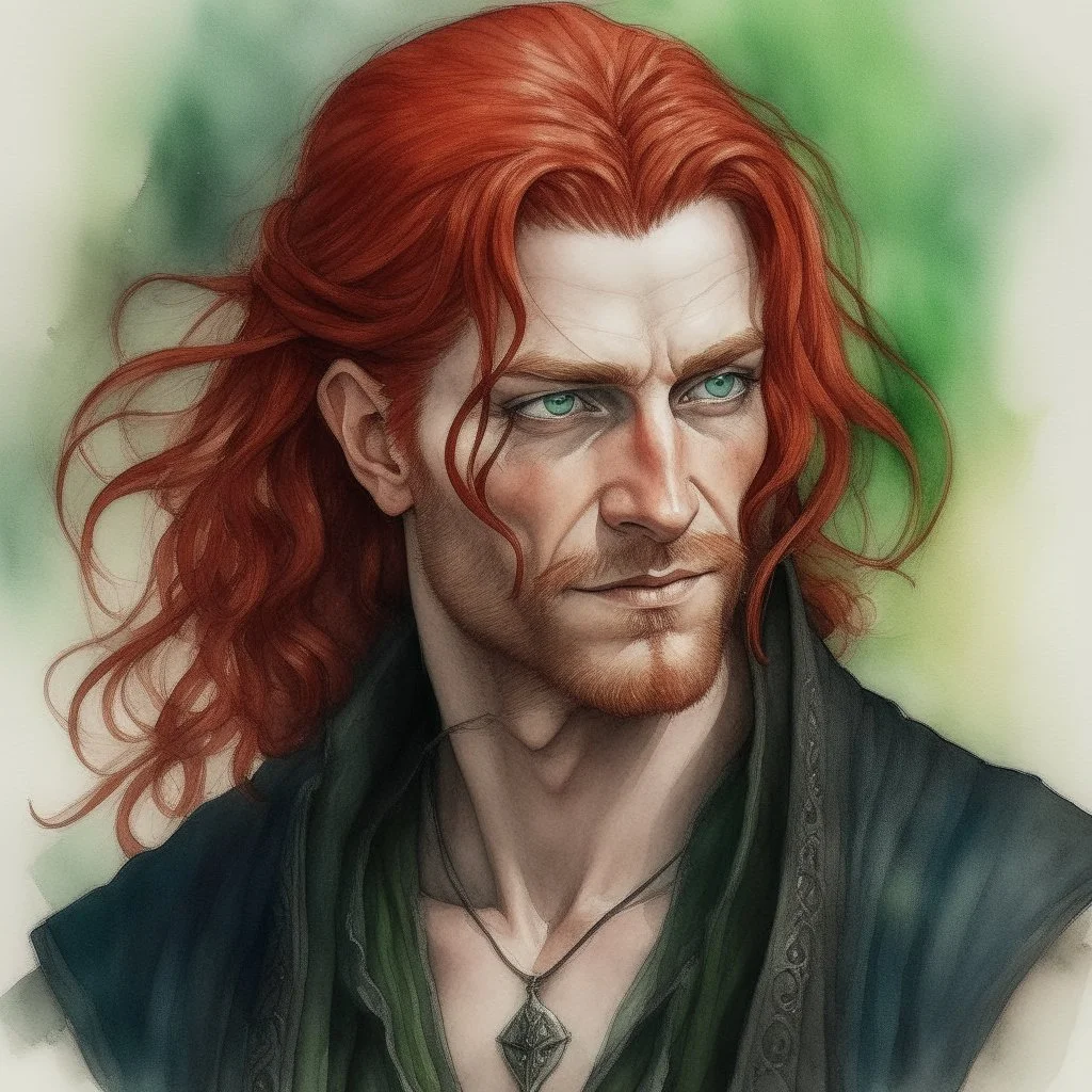 dnd, fantasy, watercolour, large strokes, stylistic, portrait, illustration, dull colours, male, face, narrow long face, weathered face, green eyes, determined, smiling, red hair, very long hair streaming down the shoulders, lush hair, radiating light, five o'clock shadow, elegant