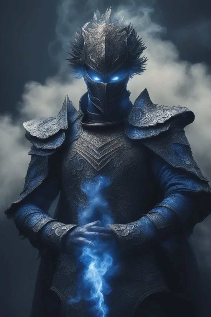 blue smoke in a shape of humanoid of colour of a storm wearing a scalemail armor