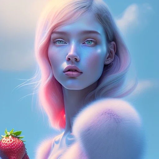 pixar style, tropic landscape, white background, aerographic style,realistic painting of a beautiful girl and jar marmelade,volumetric blue clouds,pink sky environment and flying strawberries in background, volumetric lighting,dramatic lighting, detailed digital painting, extreme dense and fine fur, anime, ornate, colour-washed colors, elegant, small minutiae, tiny features, particulars, centered, smooth, sharp focus, renderman gofur render, 8k, uhd, detailed eyes, real