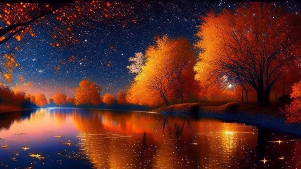 River, trees with golden and red leaves, autumn, a beautiful night sky, visible galaxies